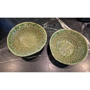 Signed Studio Pottery Green Floral Bowls Set Of‎ 2 Embossed Ceramic Decor